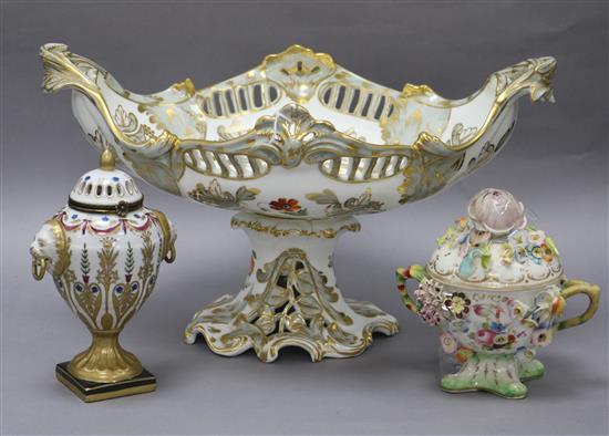 A Continental centrepiece and two lidded pots largest length 37cm